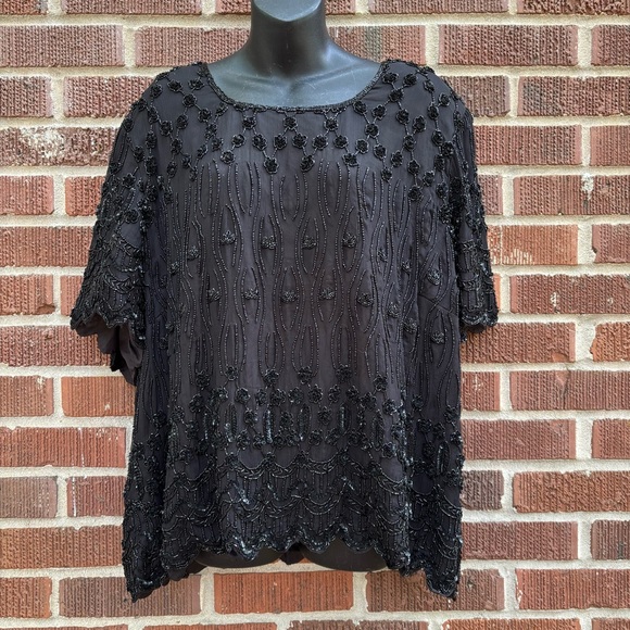 Brownstone Studio NWOT Beaded Silk Blouse Top Woman 26W Black Lined Short Sleeve - Picture 1 of 9